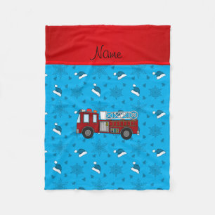 Personalised name firetruck blue santa hats trees fleece blanket