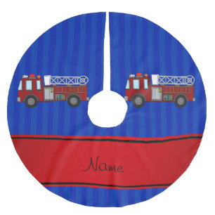 Personalised name firetruck blue stripes brushed polyester tree skirt
