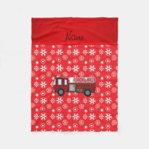Personalised name firetruck red white snowflakes fleece blanket