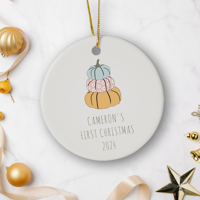 Personalised Name First Christmas Fall Pumpkins Ceramic Ornament (Creator Uploaded)
