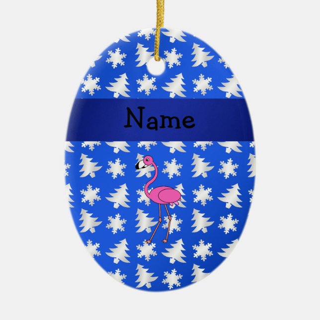 Personalised name flamingo blue snowflakes trees ceramic tree decoration (Front)