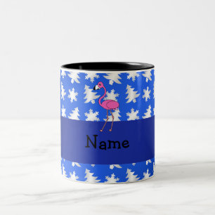 Personalised name flamingo blue snowflakes trees Two-Tone coffee mug
