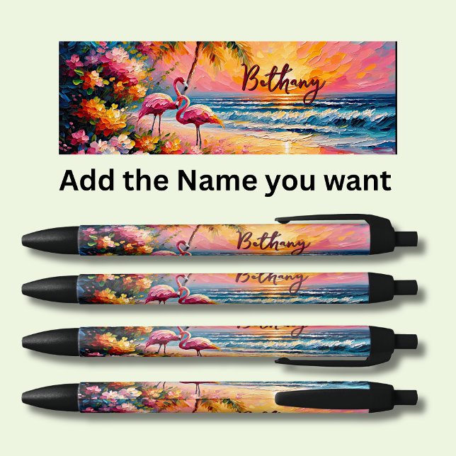 Personalised Name, Flamingos on the Beach Black Ink Pen (Creator Uploaded)