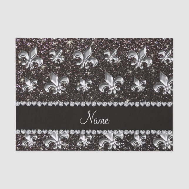 Personalised name fleur de lis black glitter tissue paper (Front)