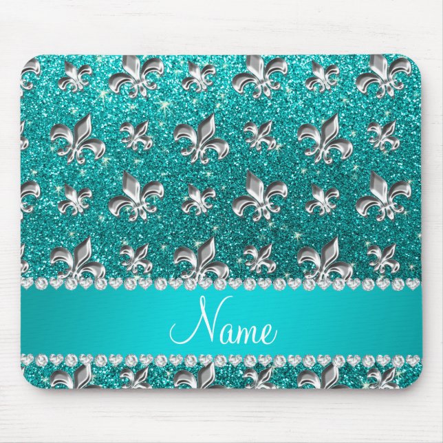 Personalised name fleur de lis bright aqua glitter mouse pad (Front)