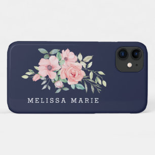 Personalised Name Floral Blush Navy iPhone 11 Case