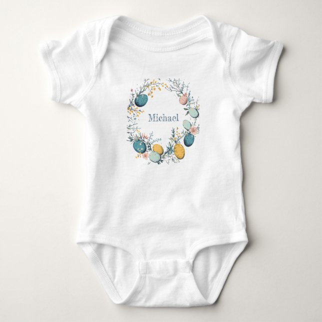 Personalised Name Floral Egg Wreath Easter Baby Bodysuit (Front)