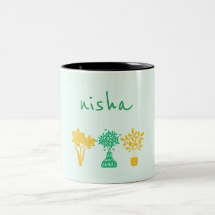 personalised name floral green and yellow cute mug