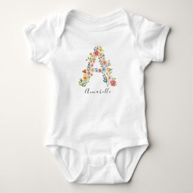 Personalised Name & Floral Monogram 'A' Baby Bodysuit (Front)