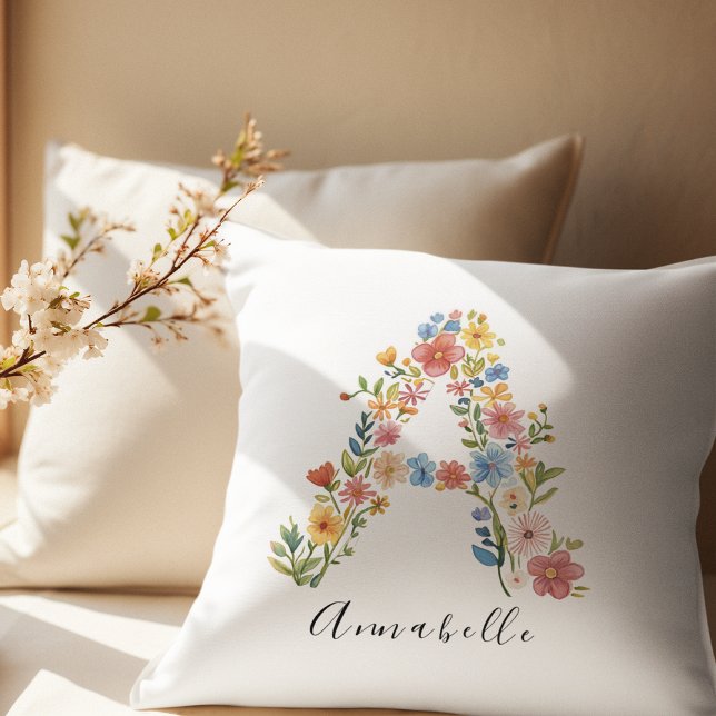 Personalised Name & Floral Monogram 'A' Cushion (Creator Uploaded)