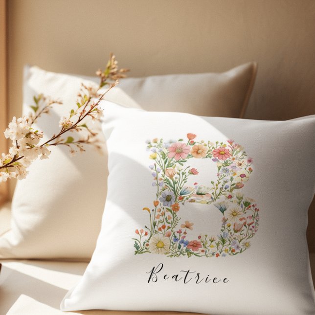 Personalised Name & Floral Monogram 'B' Cushion (Creator Uploaded)