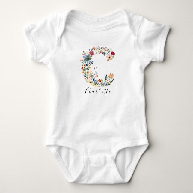 Personalised Name & Floral Monogram 'C' Baby Bodysuit (Front)