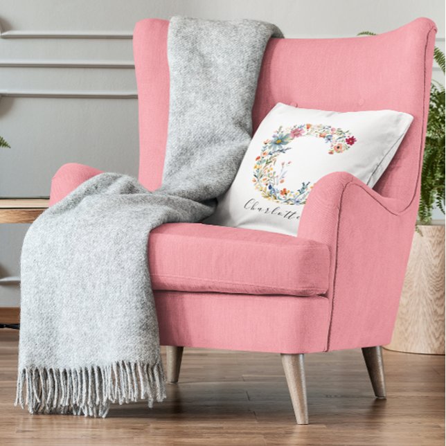 Personalised Name & Floral Monogram 'C' Cushion (Creator Uploaded)