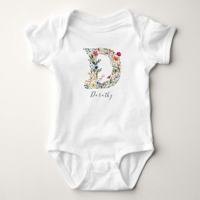 Personalised Name & Floral Monogram 'D' Baby Bodysuit (Front)
