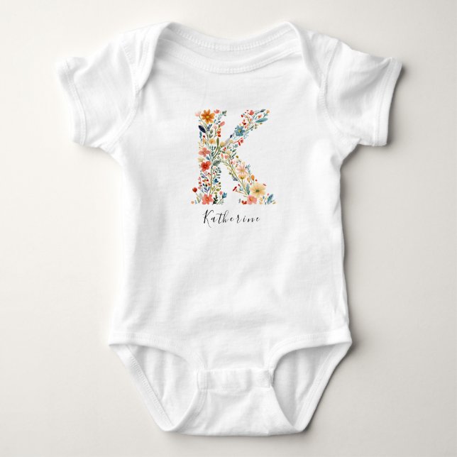 Personalised Name & Floral Monogram 'K' Baby Bodysuit (Front)