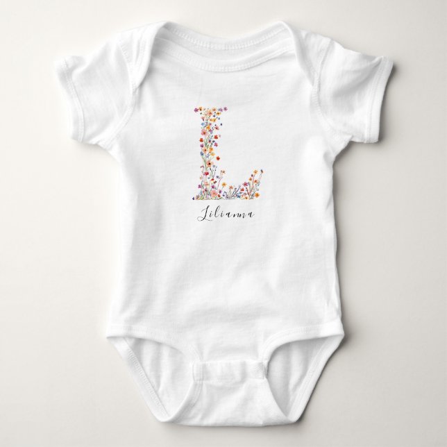 Personalised Name & Floral Monogram 'L' Baby Bodysuit (Front)
