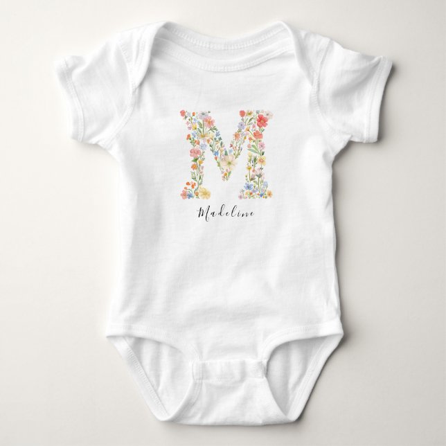 Personalised Name & Floral Monogram 'M' Baby Bodysuit (Front)