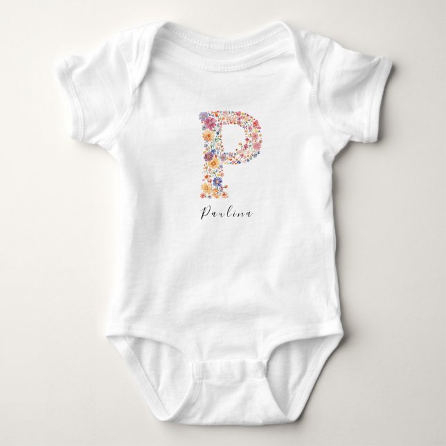 Personalised Name &Floral Monogram 'P' Baby Bodysuit (Front)