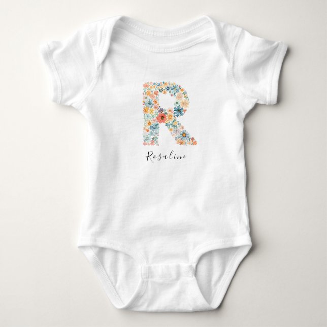 Personalised Name &Floral Monogram 'R' Baby Bodysuit (Front)