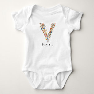 Personalised Name &Floral Monogram 'V' Baby Bodysuit