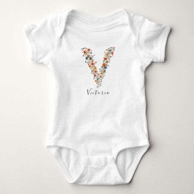 Personalised Name &Floral Monogram 'V' Baby Bodysuit (Front)