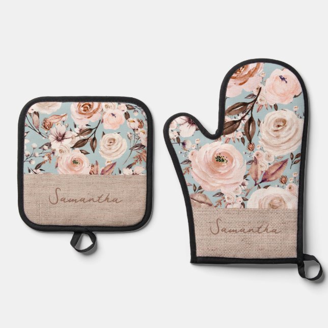 Personalised Name Floral Oven Mitt & Pot Holder Set (Front)