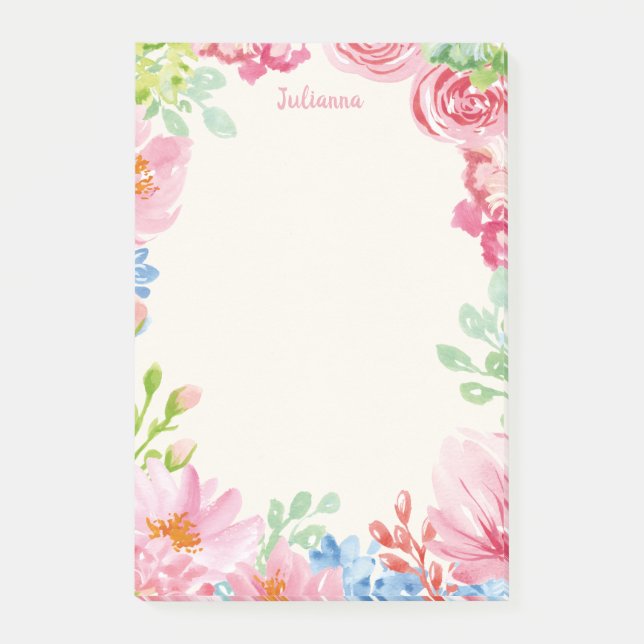 Personalised Name Floral Pastel Flower Border Post-it Notes (Front)