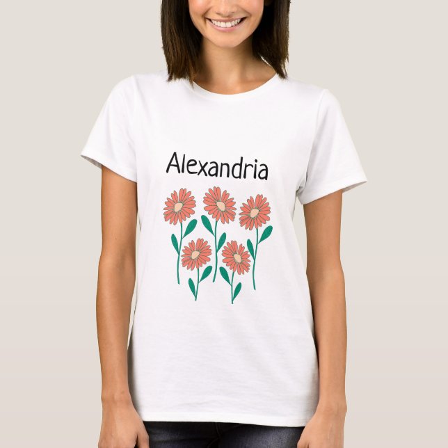 Personalised Name Floral Pink Peach Green T-Shirt (Front)