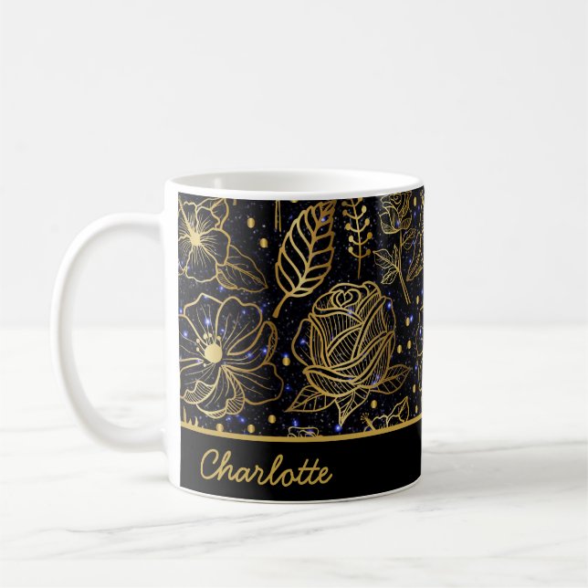 Personalised name floral seamless pattern gold  coffee mug (Left)