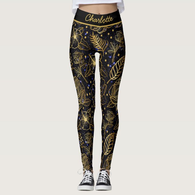 Personalised name floral seamless pattern gold  leggings (Front)
