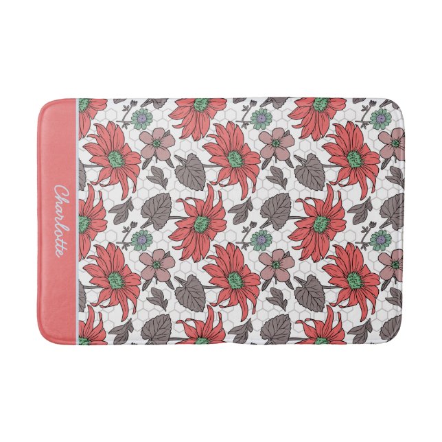 Personalised name floral seamless pattern pink bath mat (Front)