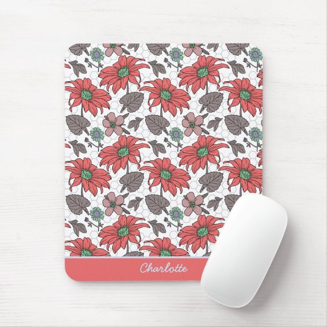 Personalised name floral seamless pattern pink  mouse pad (With Mouse)