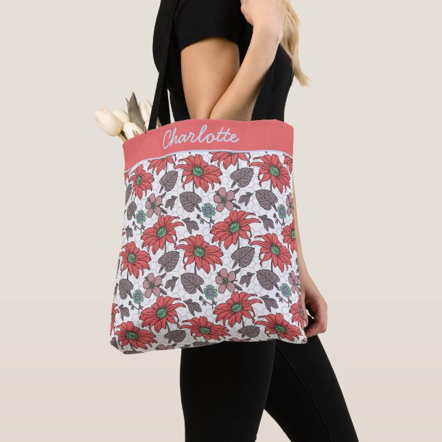 Personalised name floral seamless pattern pink  tote bag (Close Up)