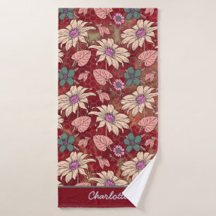 Personalised name floral seamless pattern red  bath towel