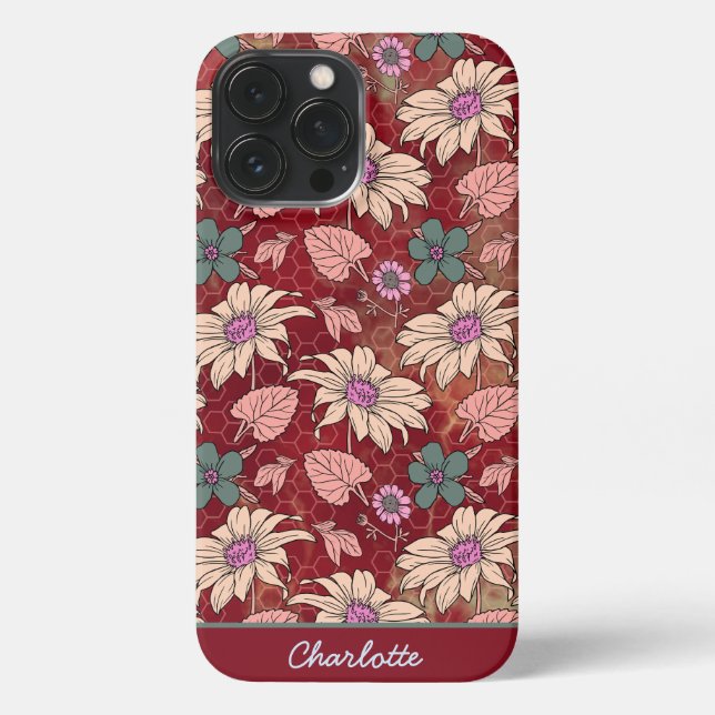 Personalised name floral seamless pattern red iPhone case (Back)