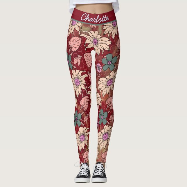 Personalised name floral seamless pattern red leggings (Front)