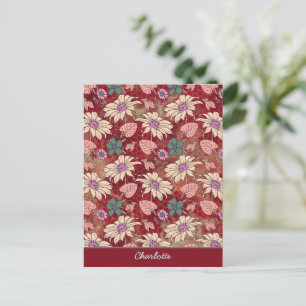 Personalised name floral seamless pattern red  postcard