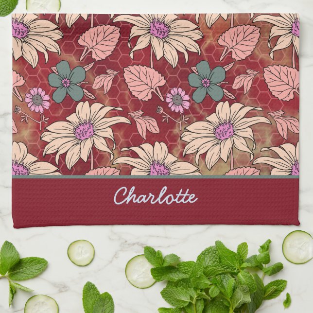 Personalised name floral seamless pattern red tea towel (Folded)