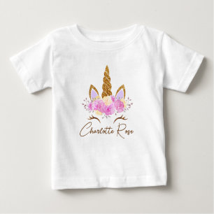 Personalised Name Floral Unicorn Girls Baby T-Shirt