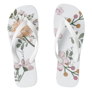 Personalised Name Floral White Flip Flops