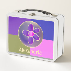 Personalised Name Flower Purple Hot Pink Metal Lunch Box