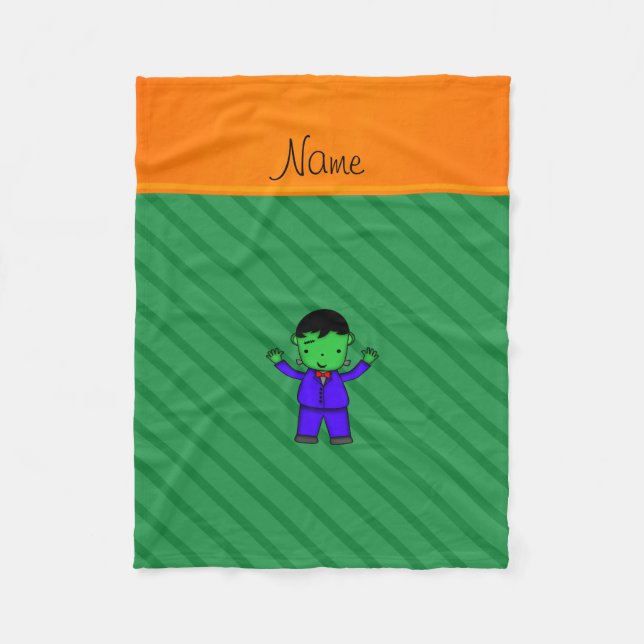 Personalised name frankenstein green stripes fleece blanket (Front)