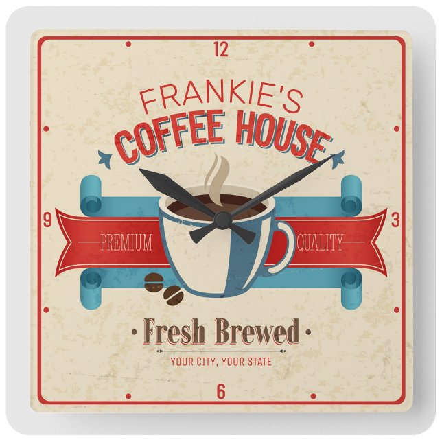 Personalised NAME Fresh Brew Coffee House Shop Square Wall Clock (Creator Uploaded)