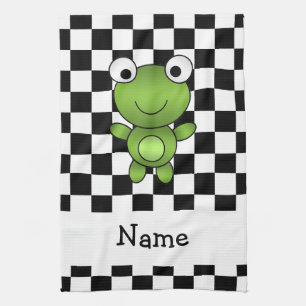 Personalised name frog black and white checkers tea towel