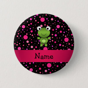 Personalised name frog black pink polka dots 6 cm round badge