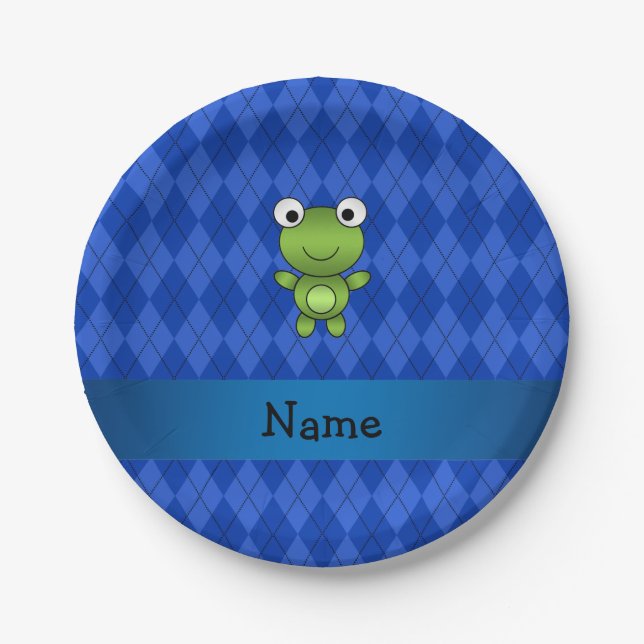 Personalised name frog blue argyle paper plate (Front)