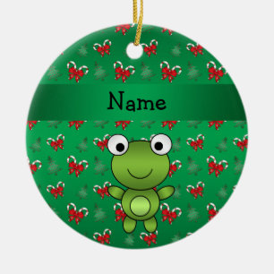 Personalised name frog green candy canes bows ceramic ornament