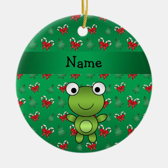 Personalised name frog green candy canes bows ceramic ornament (Front)