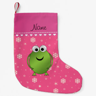 Personalised name frog pink snowflakes pink stripe small christmas stocking