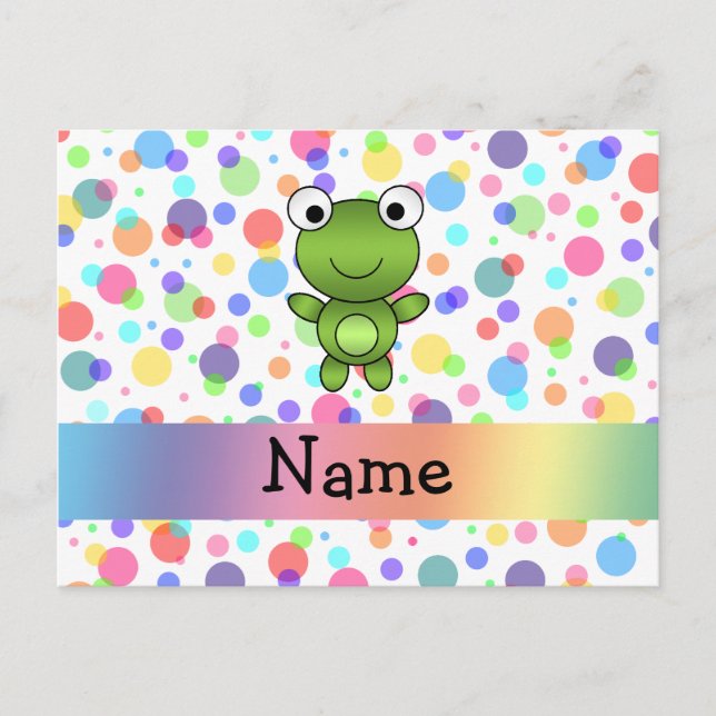 Personalised name frog rainbow polka dots postcard (Front)